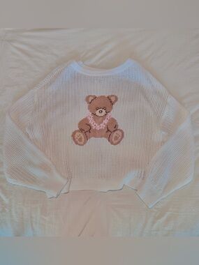 Hollister White Cropped Knit Sweater with Brown Teddy Bear